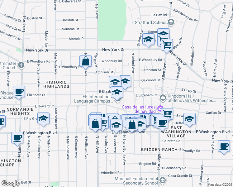 map of restaurants, bars, coffee shops, grocery stores, and more near 1530 East Howard Street in Pasadena
