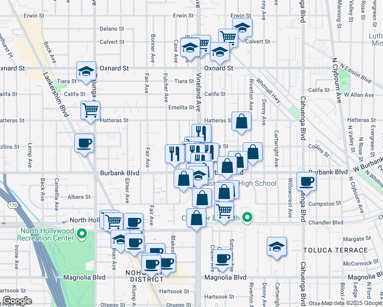 map of restaurants, bars, coffee shops, grocery stores, and more near 11009 Burbank Boulevard in Los Angeles