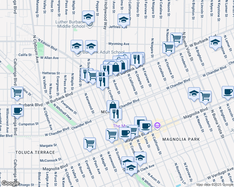 map of restaurants, bars, coffee shops, grocery stores, and more near 1241 North Avon Street in Burbank
