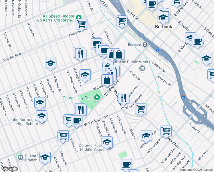map of restaurants, bars, coffee shops, grocery stores, and more near 922 West Clark Avenue in Burbank
