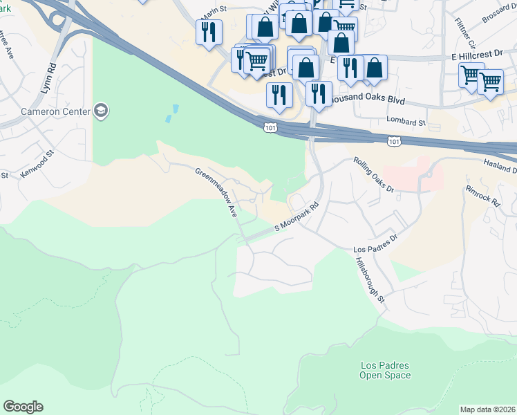 map of restaurants, bars, coffee shops, grocery stores, and more near 252 Green Moor Place in Thousand Oaks