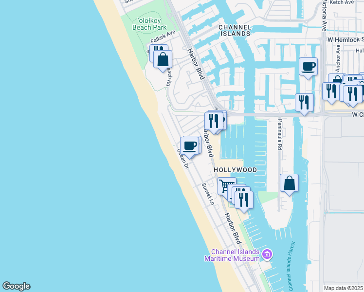 map of restaurants, bars, coffee shops, grocery stores, and more near 4053 Sunset Lane in Oxnard