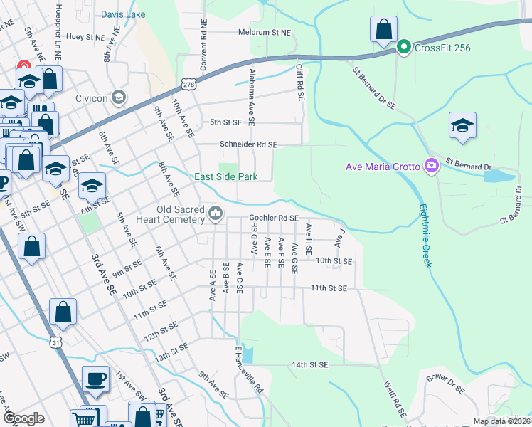 map of restaurants, bars, coffee shops, grocery stores, and more near 804 Avenue East Southeast in Cullman