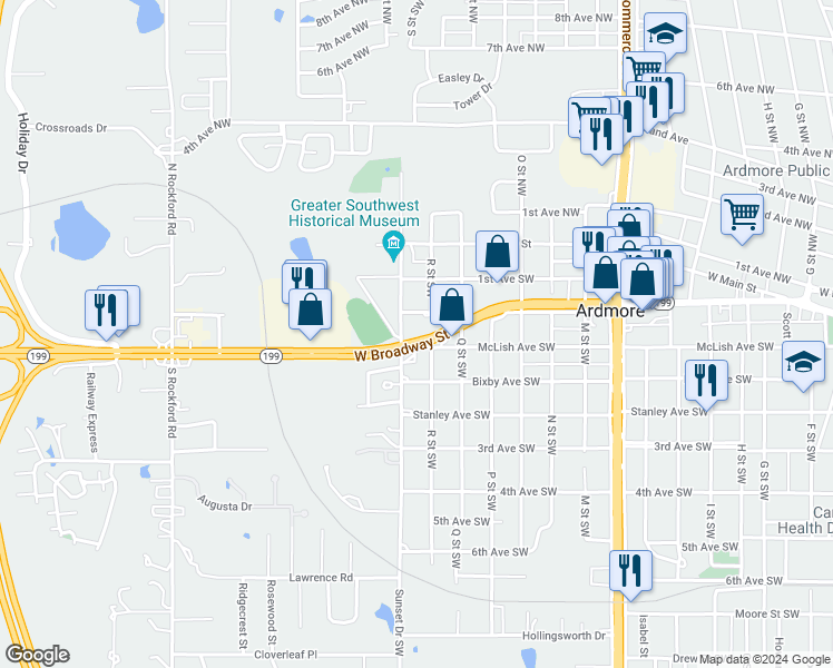 map of restaurants, bars, coffee shops, grocery stores, and more near 1717 West Broadway Street in Ardmore