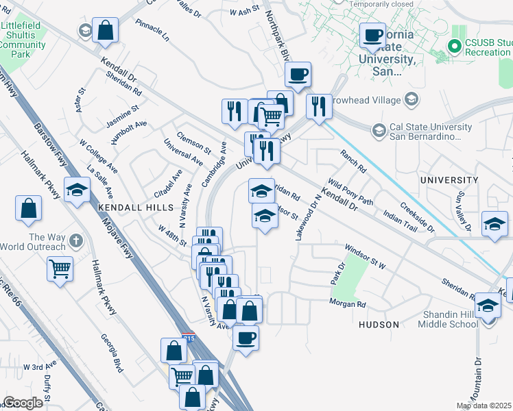 map of restaurants, bars, coffee shops, grocery stores, and more near 1930 West College Avenue in San Bernardino