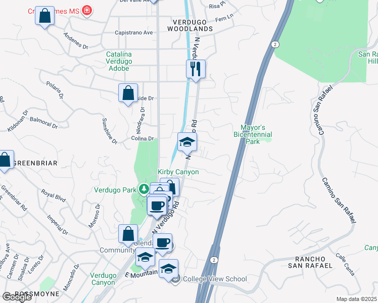 map of restaurants, bars, coffee shops, grocery stores, and more near 1717 North Verdugo Road in Glendale