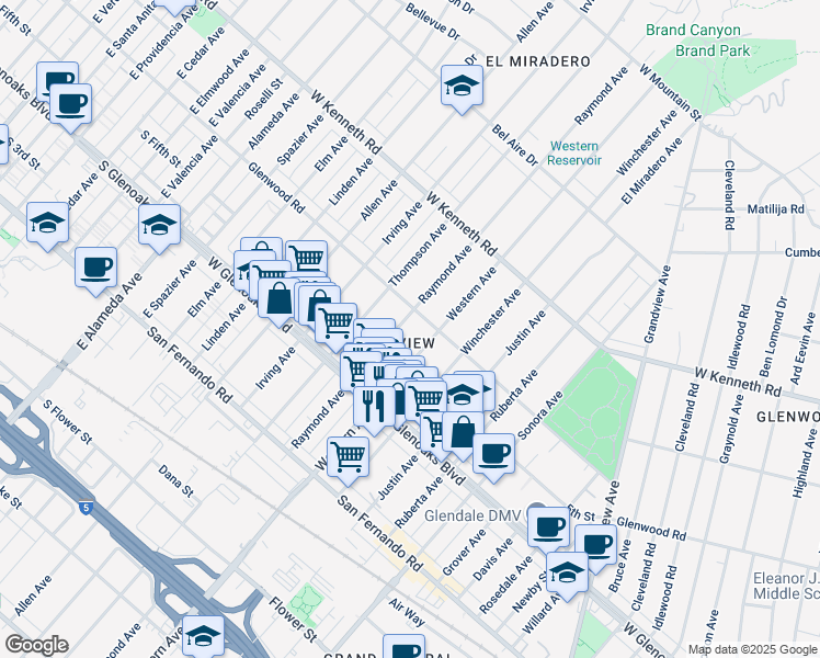 map of restaurants, bars, coffee shops, grocery stores, and more near in Glendale