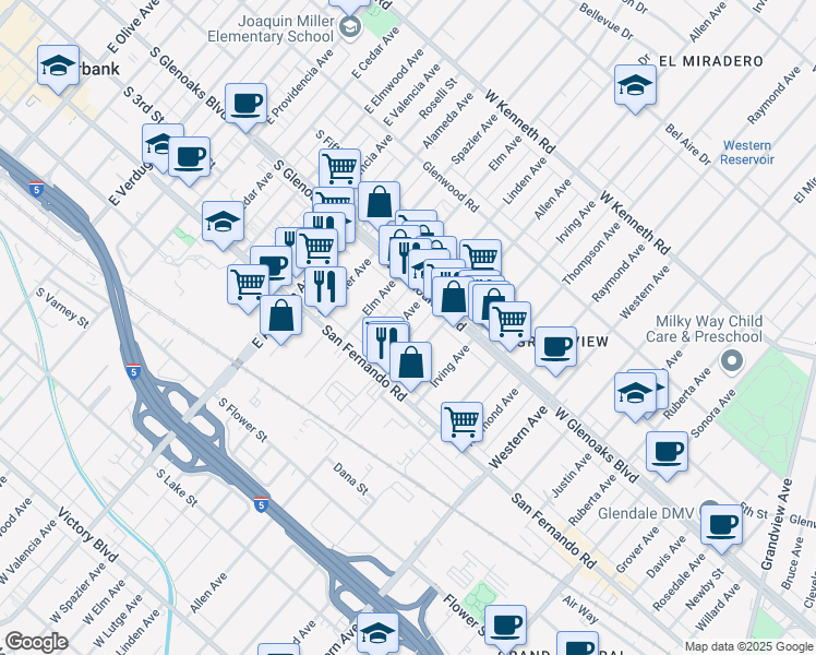 map of restaurants, bars, coffee shops, grocery stores, and more near 1028 Linden Avenue in Glendale