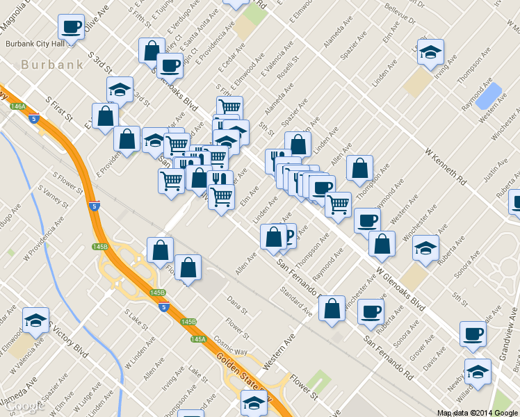 map of restaurants, bars, coffee shops, grocery stores, and more near 1028 Linden Avenue in Glendale