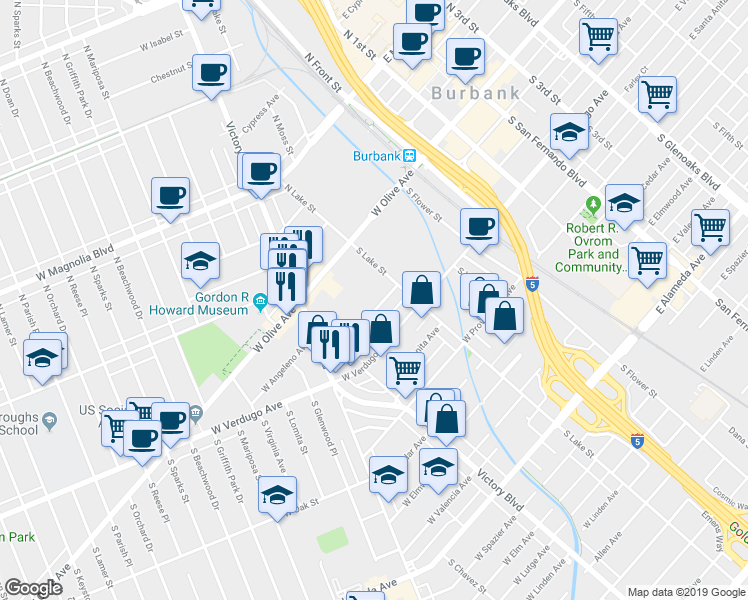 map of restaurants, bars, coffee shops, grocery stores, and more near 245 West Tujunga Avenue in Burbank