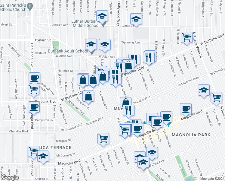 map of restaurants, bars, coffee shops, grocery stores, and more near 1307 North Hollywood Way in Burbank
