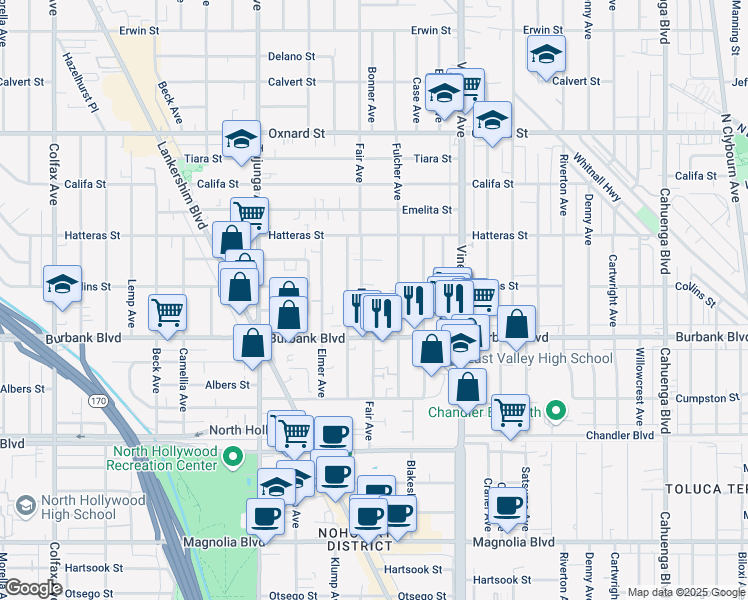map of restaurants, bars, coffee shops, grocery stores, and more near 5624 Fair Avenue in Los Angeles