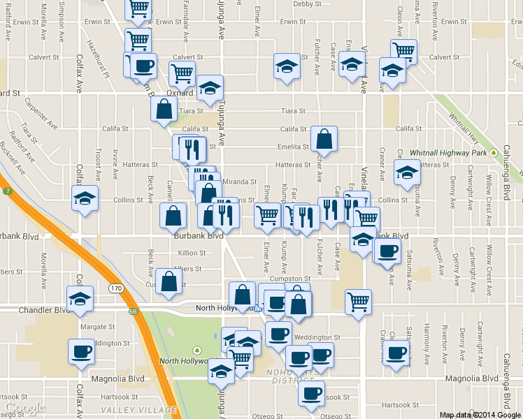 map of restaurants, bars, coffee shops, grocery stores, and more near 11308 Martha Street in Los Angeles
