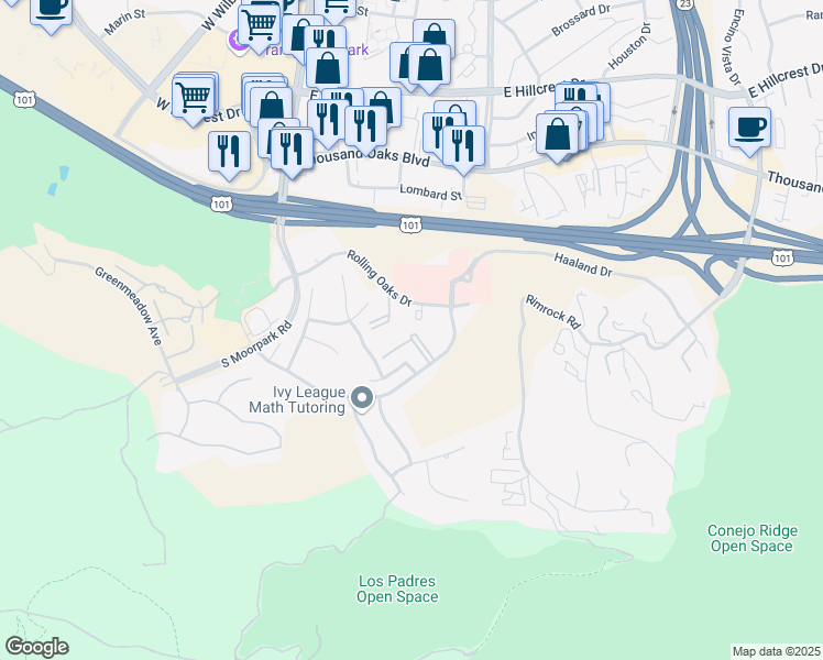 map of restaurants, bars, coffee shops, grocery stores, and more near 300 Rolling Oaks Drive in Thousand Oaks
