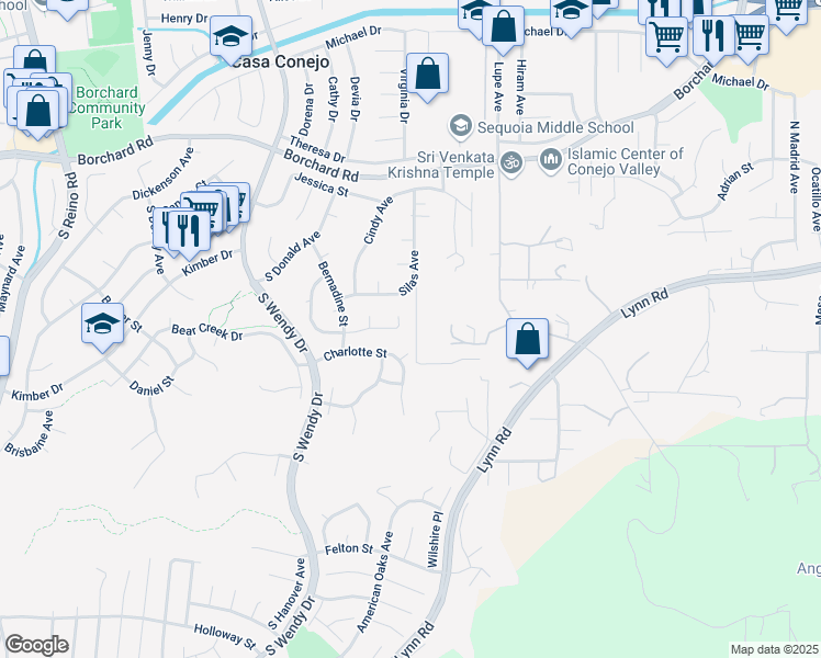 map of restaurants, bars, coffee shops, grocery stores, and more near 3057 Charlotte Street in Thousand Oaks