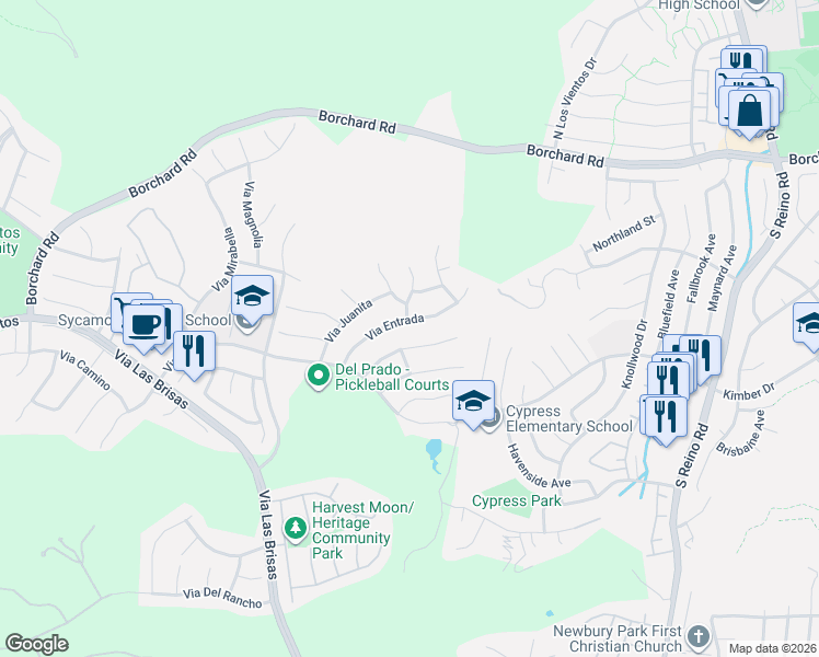 map of restaurants, bars, coffee shops, grocery stores, and more near 4281 Via Cerritos in Thousand Oaks
