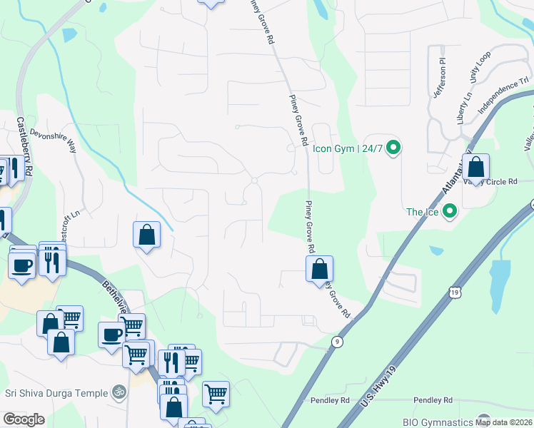 map of restaurants, bars, coffee shops, grocery stores, and more near 5745 Sterling Court in Cumming