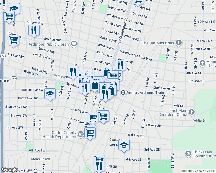 map of restaurants, bars, coffee shops, grocery stores, and more near 5 East Main Street in Ardmore