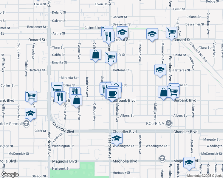 map of restaurants, bars, coffee shops, grocery stores, and more near 14052 Collins Street in Los Angeles