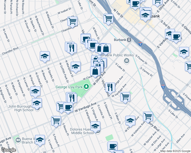 map of restaurants, bars, coffee shops, grocery stores, and more near 922 West Clark Avenue in Burbank