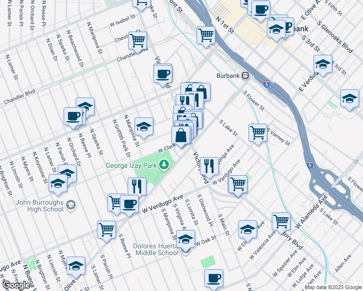 map of restaurants, bars, coffee shops, grocery stores, and more near 922 West Clark Avenue in Burbank