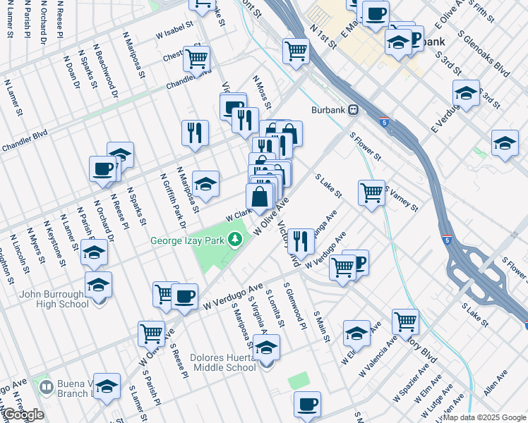 map of restaurants, bars, coffee shops, grocery stores, and more near 101 North Victory Boulevard in Burbank