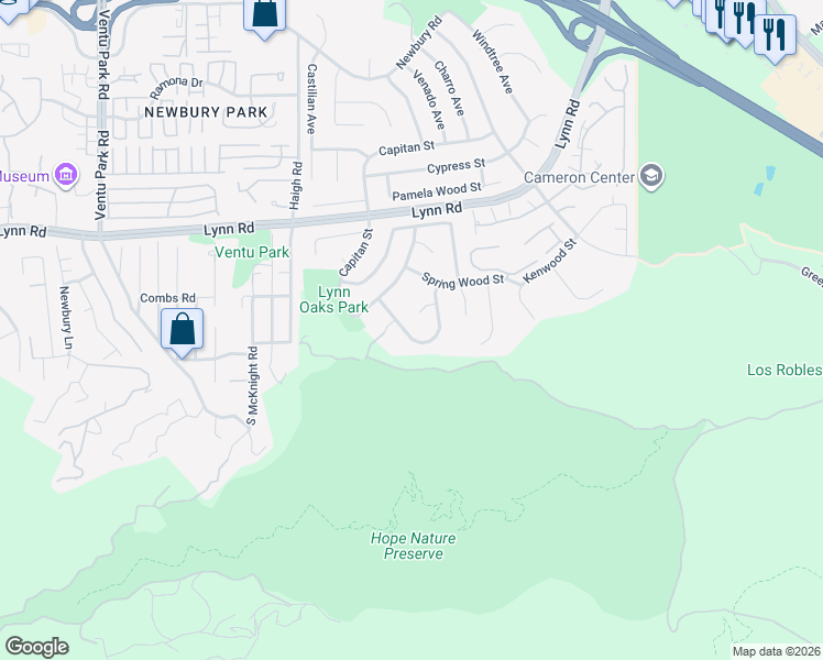 map of restaurants, bars, coffee shops, grocery stores, and more near 357 Hickory Grove Drive in Thousand Oaks