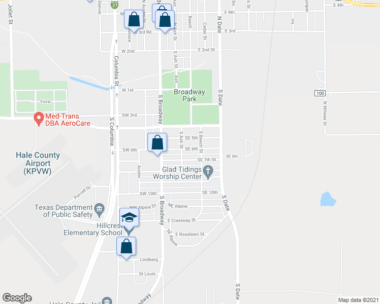 map of restaurants, bars, coffee shops, grocery stores, and more near 204 Southeast 6th in Plainview