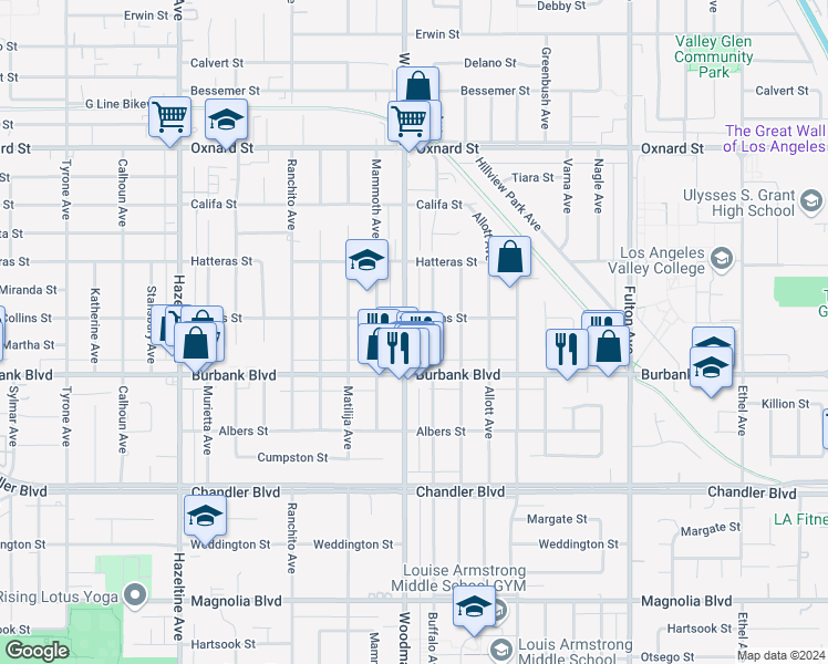 map of restaurants, bars, coffee shops, grocery stores, and more near 5646 Woodman Avenue in Los Angeles