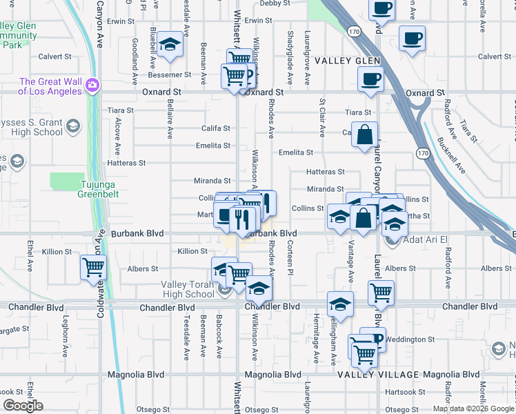 map of restaurants, bars, coffee shops, grocery stores, and more near 12424 Martha Street in Los Angeles