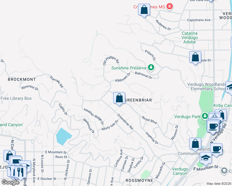 map of restaurants, bars, coffee shops, grocery stores, and more near 1728 Royal Boulevard in Glendale