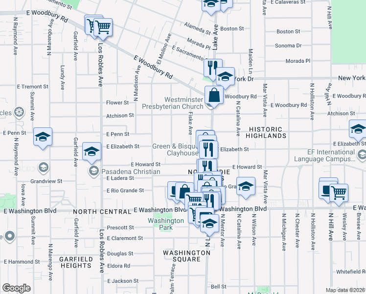 map of restaurants, bars, coffee shops, grocery stores, and more near 792 E Elizabeth St in Pasadena
