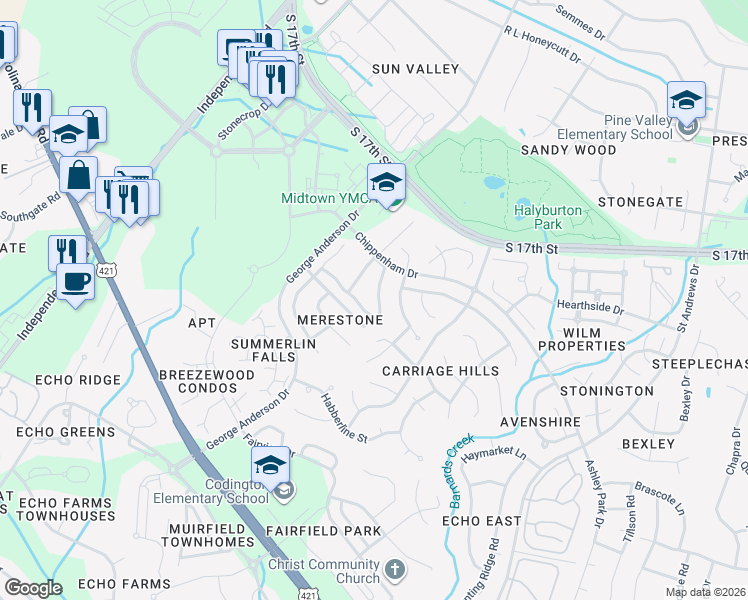 map of restaurants, bars, coffee shops, grocery stores, and more near 3807 Merestone Drive in Wilmington