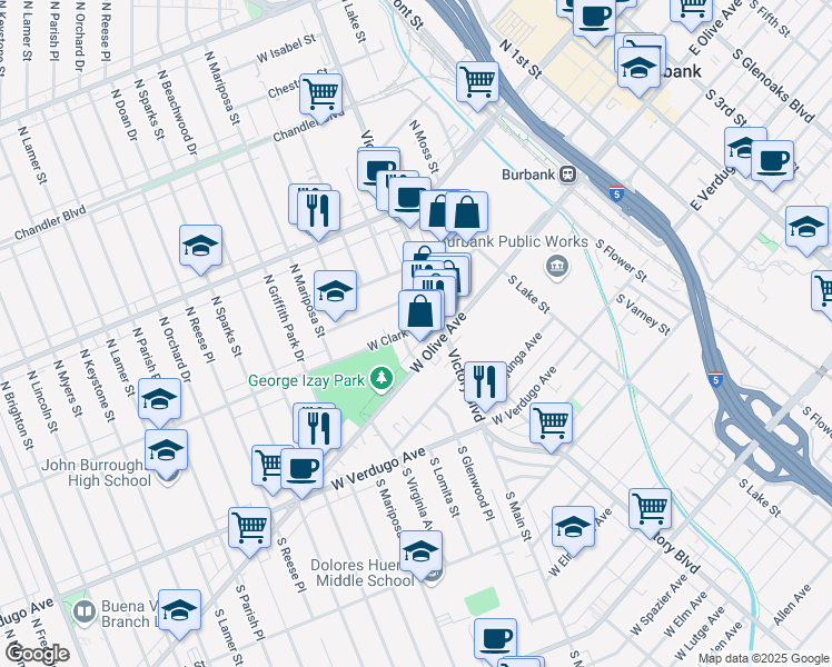 map of restaurants, bars, coffee shops, grocery stores, and more near 924 West Clark Avenue in Burbank