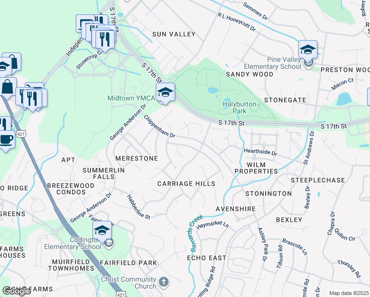 map of restaurants, bars, coffee shops, grocery stores, and more near 3704 Providence Court in Wilmington
