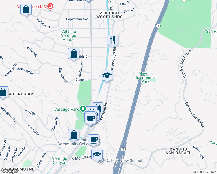 map of restaurants, bars, coffee shops, grocery stores, and more near 1751 North Verdugo Road in Glendale