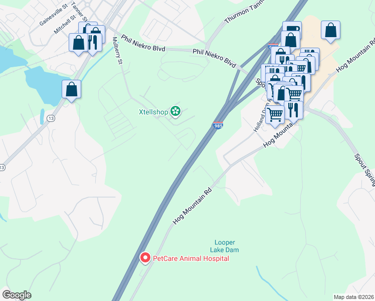 map of restaurants, bars, coffee shops, grocery stores, and more near 5008 Hog Mountain Road in Flowery Branch