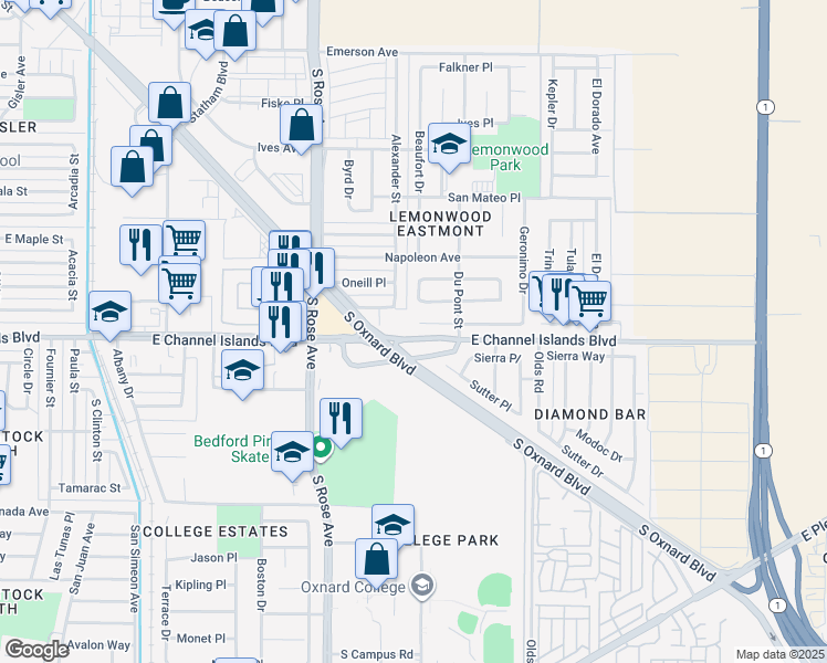 map of restaurants, bars, coffee shops, grocery stores, and more near 1928 San Benito Street in Oxnard