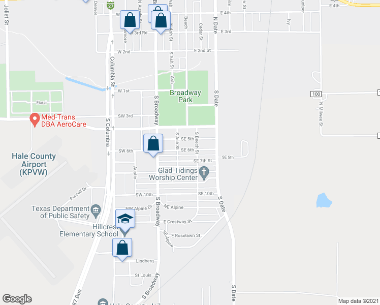 map of restaurants, bars, coffee shops, grocery stores, and more near 208 Southeast 6th in Plainview