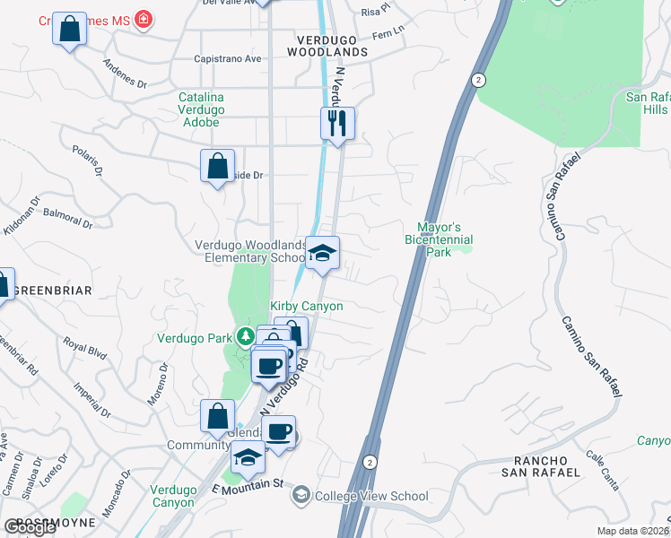 map of restaurants, bars, coffee shops, grocery stores, and more near 1748 North Verdugo Road in Glendale