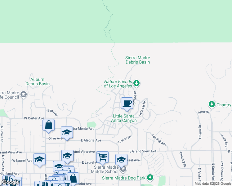 map of restaurants, bars, coffee shops, grocery stores, and more near 734 Skyland Drive in Sierra Madre