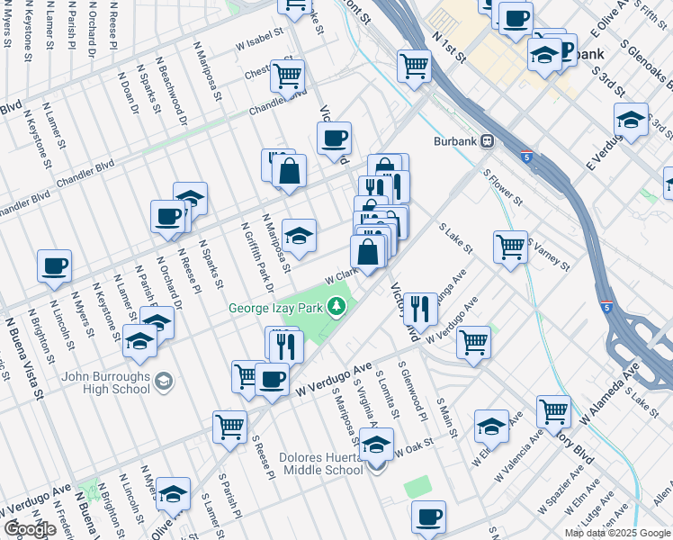 map of restaurants, bars, coffee shops, grocery stores, and more near 1025 West Clark Avenue in Burbank