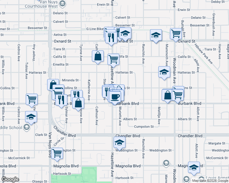 map of restaurants, bars, coffee shops, grocery stores, and more near 5664 Hazeltine Avenue in Los Angeles