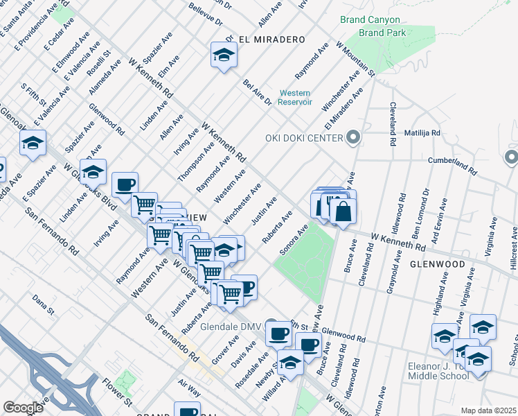 map of restaurants, bars, coffee shops, grocery stores, and more near 1247 Justin Avenue in Glendale