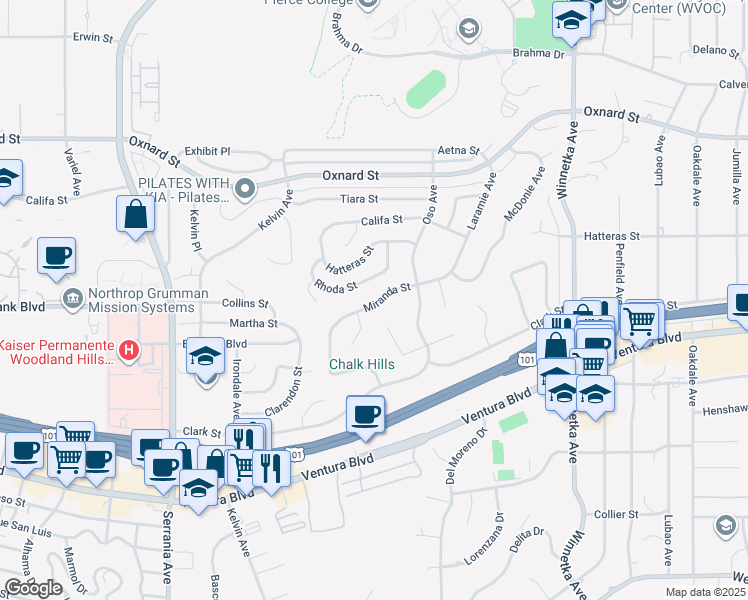 map of restaurants, bars, coffee shops, grocery stores, and more near 20458 Miranda Street in Los Angeles