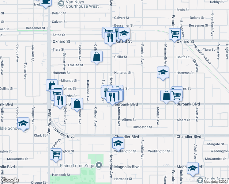 map of restaurants, bars, coffee shops, grocery stores, and more near 5664 Hazeltine Avenue in Los Angeles