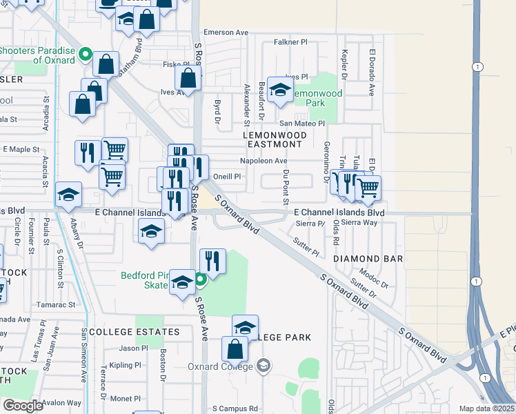 map of restaurants, bars, coffee shops, grocery stores, and more near 1928 San Benito Street in Oxnard