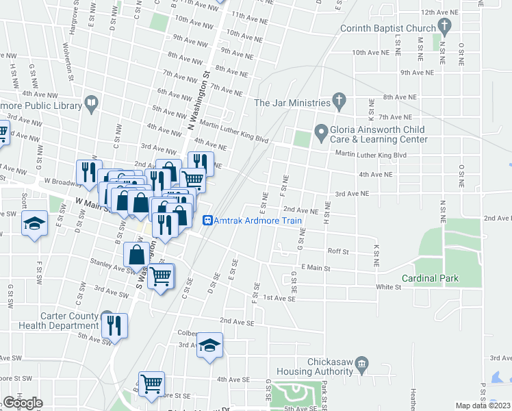 map of restaurants, bars, coffee shops, grocery stores, and more near 2nd Avenue Northeast in Ardmore