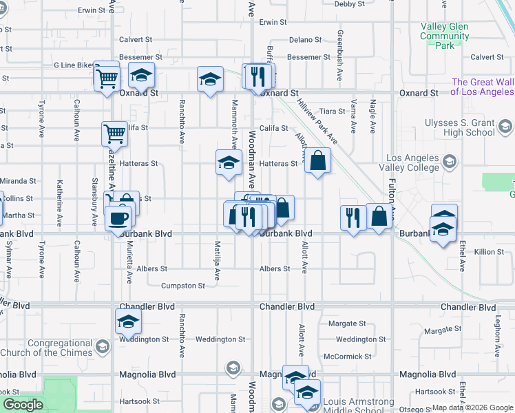 map of restaurants, bars, coffee shops, grocery stores, and more near 5646 Woodman Avenue in Los Angeles