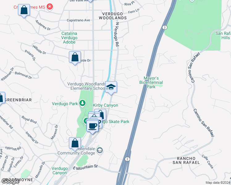 map of restaurants, bars, coffee shops, grocery stores, and more near 1748 North Verdugo Road in Glendale
